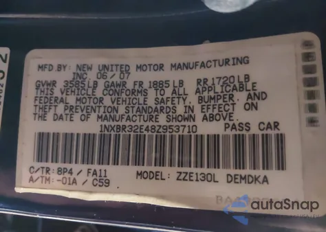 2008 Toyota Corolla Ce z USA, uszkodzony, nr VIN 1NXBR32E48Z953710